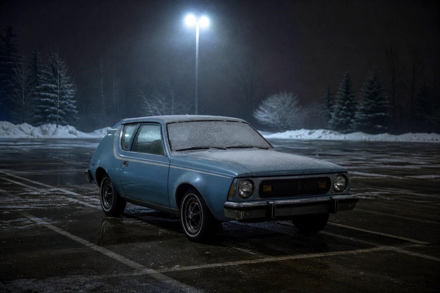 A pale blue 1970s compact car in a snowy parking lot, representing the disputed blue Gremlin lead.