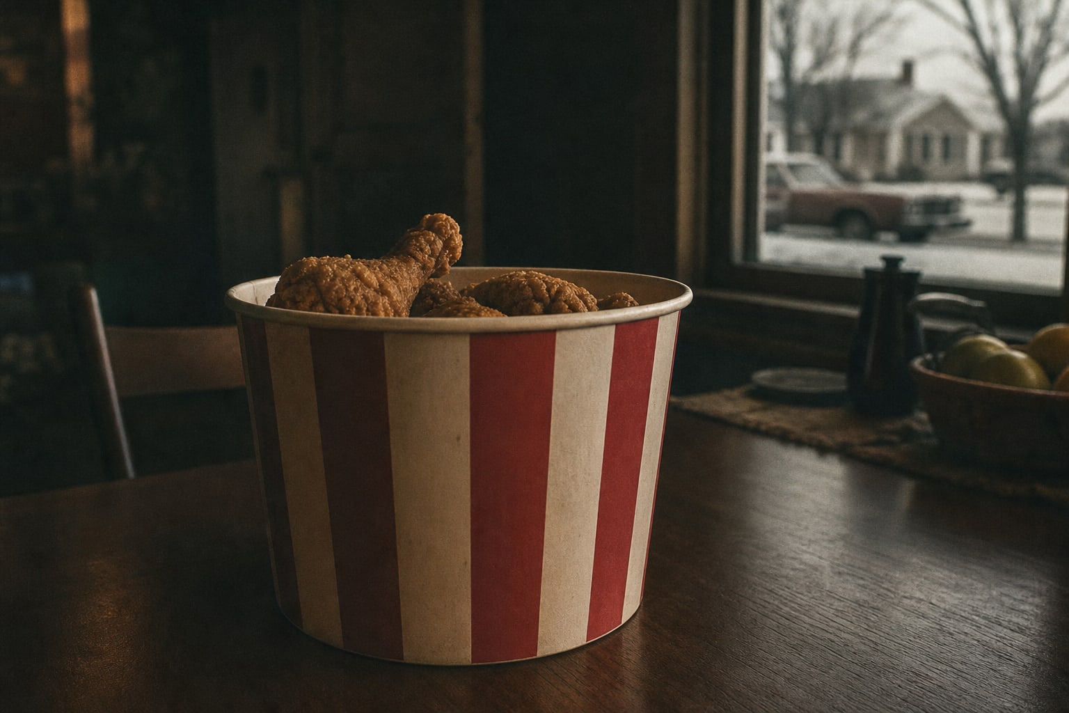 A generic 1970s fried chicken bucket on a dark kitchen table, representing the Timothy King captivity detail.