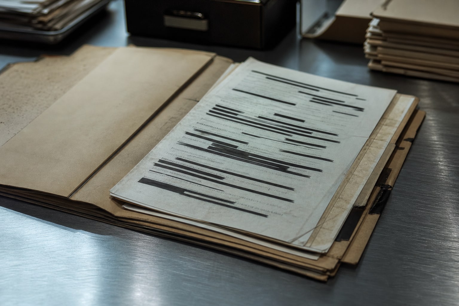 A redacted investigative file folder on a metal desk, representing FOIA disputes in the Oakland County Child Killer case.