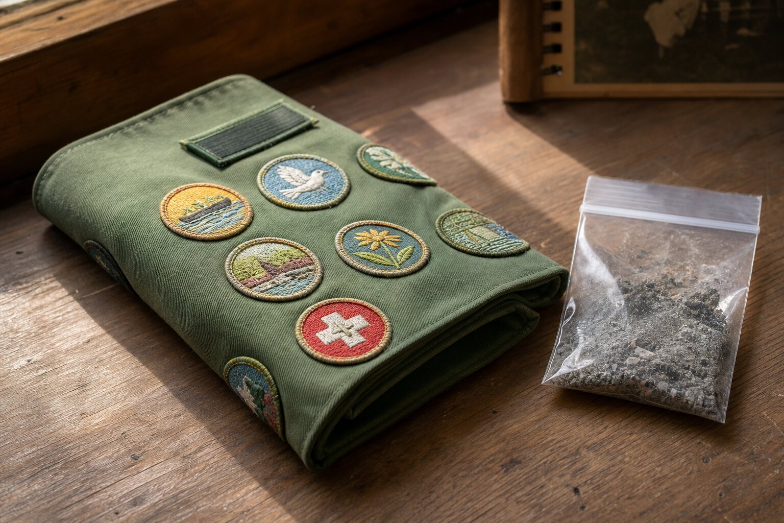 A folded vintage scout-style sash and campfire ashes honor the memory and legacy connected to Camp Scott.