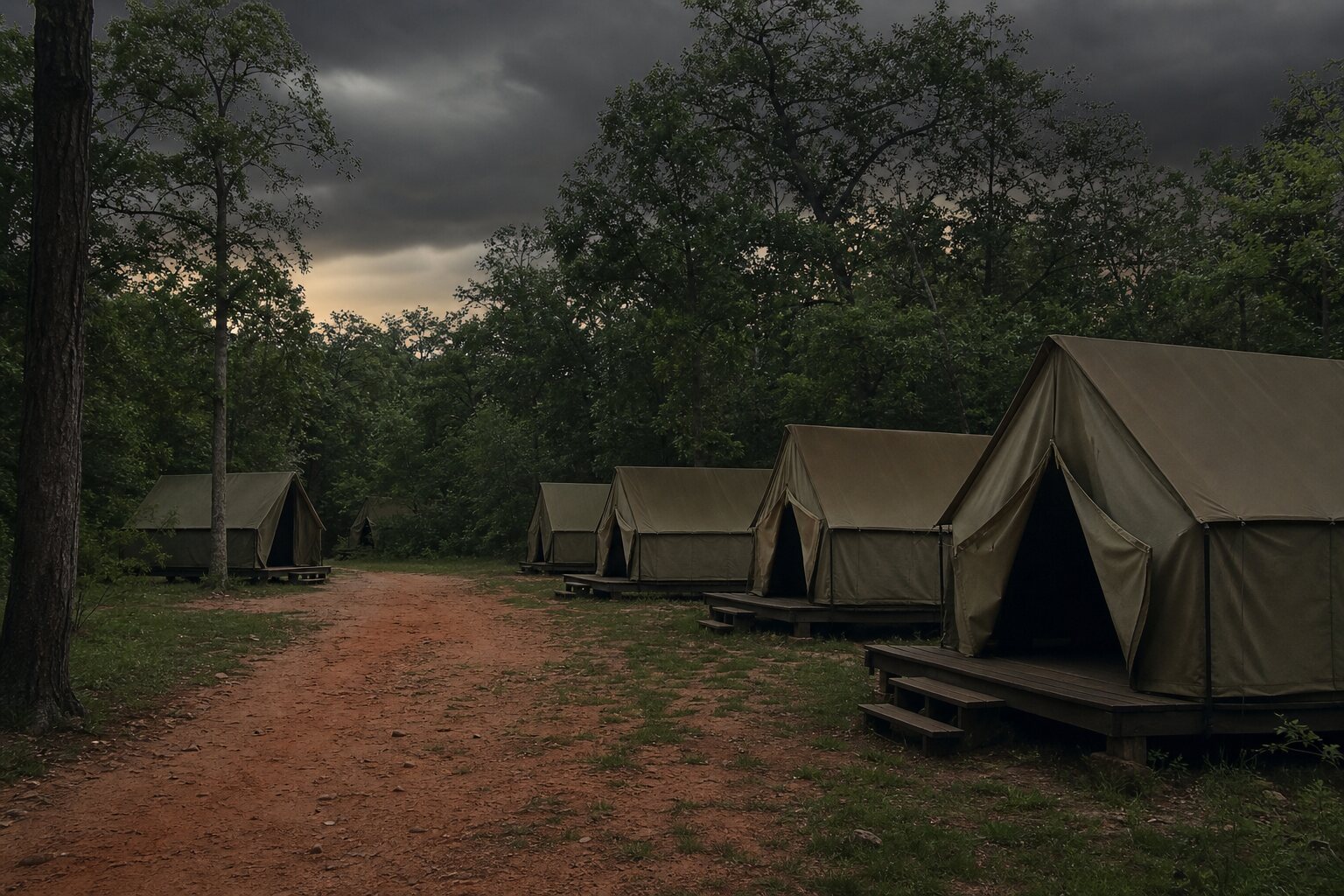 An isolated 1970s camp unit with canvas tents on wooden platforms evokes Camp Scott before the Oklahoma Girl Scout murders.
