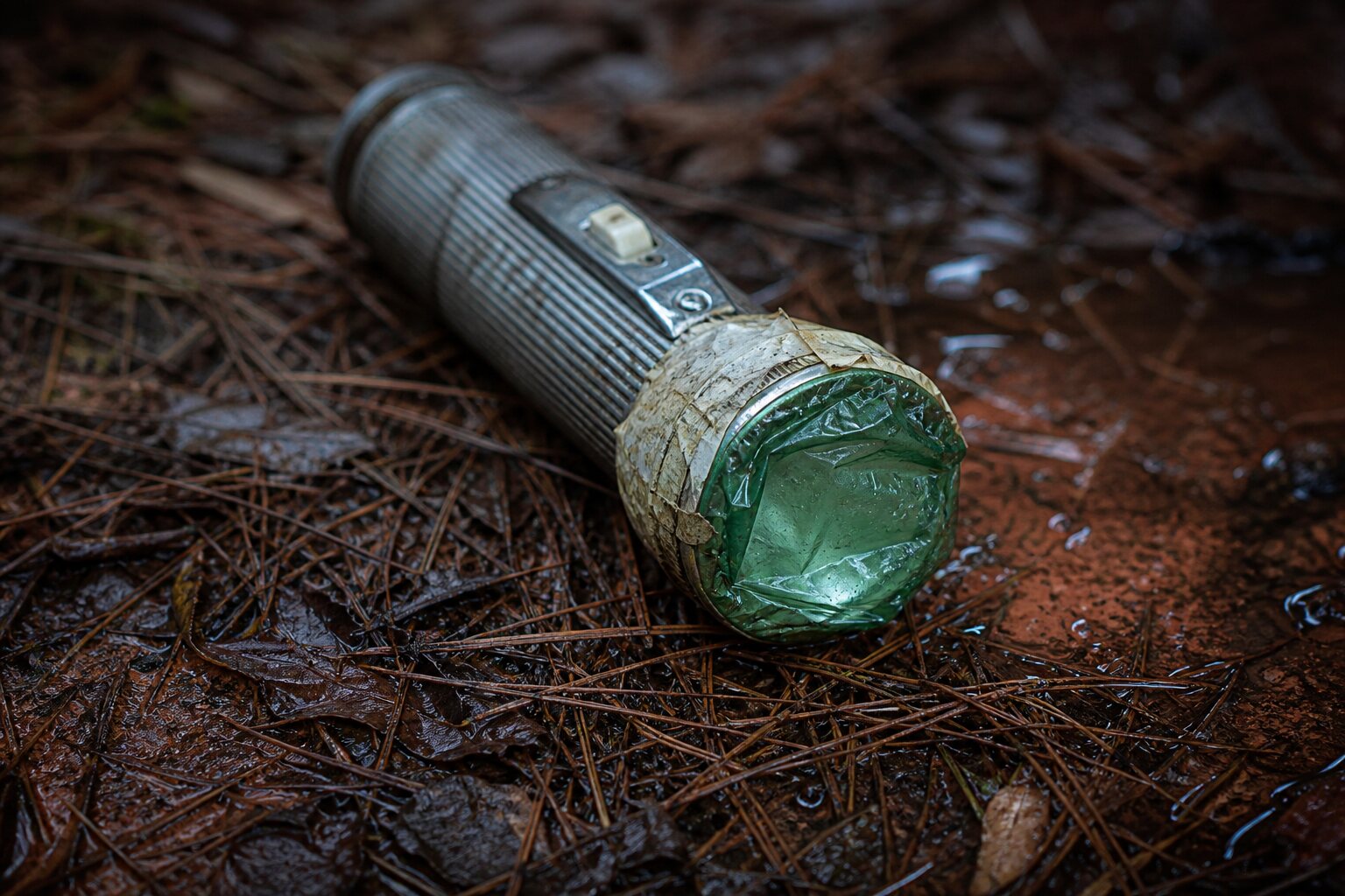 A modified flashlight with green plastic and masking tape recreates a key evidence detail in the Oklahoma Girl Scout murders.