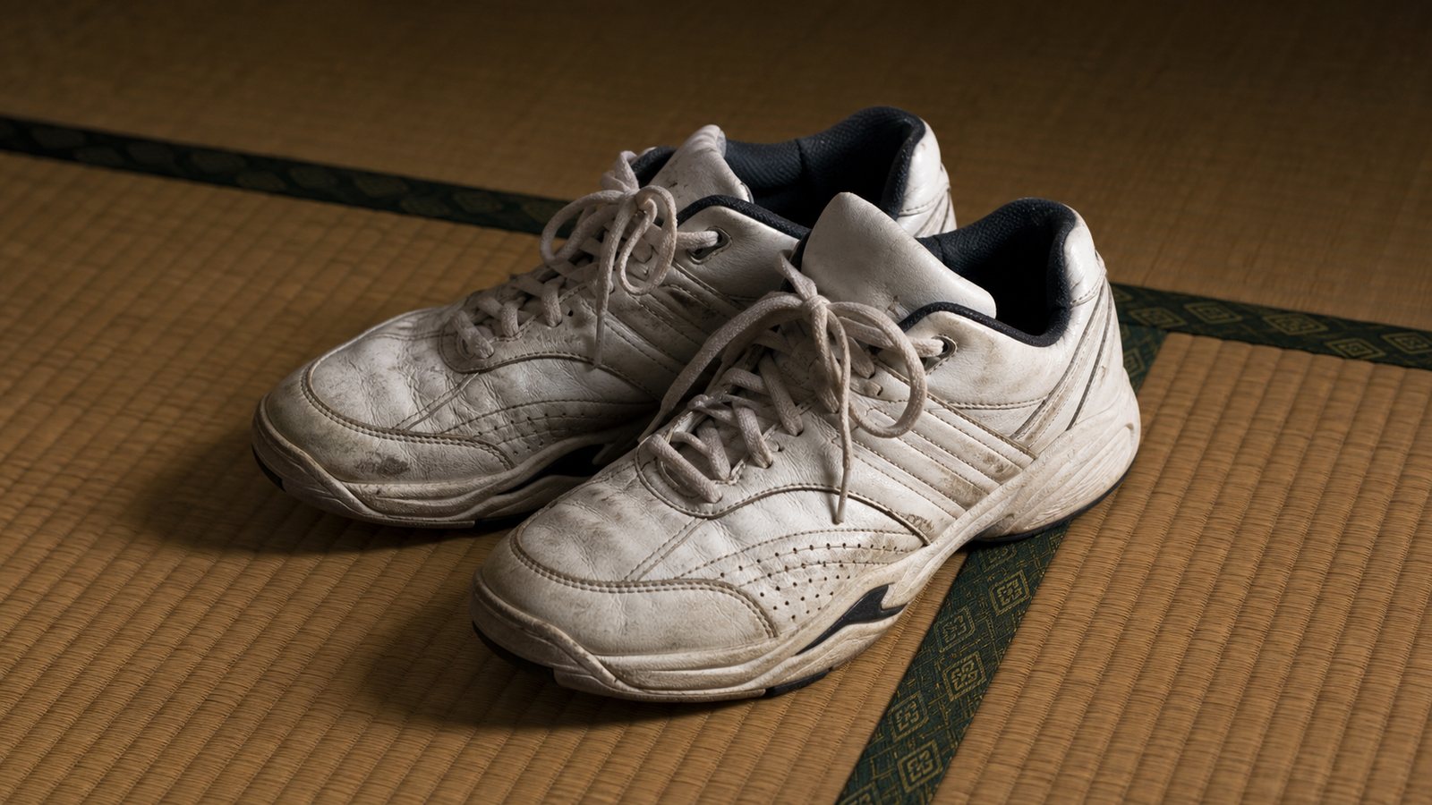 White late-1990s athletic shoes on a tatami mat, representing the footwear evidence in the Setagaya family murders.