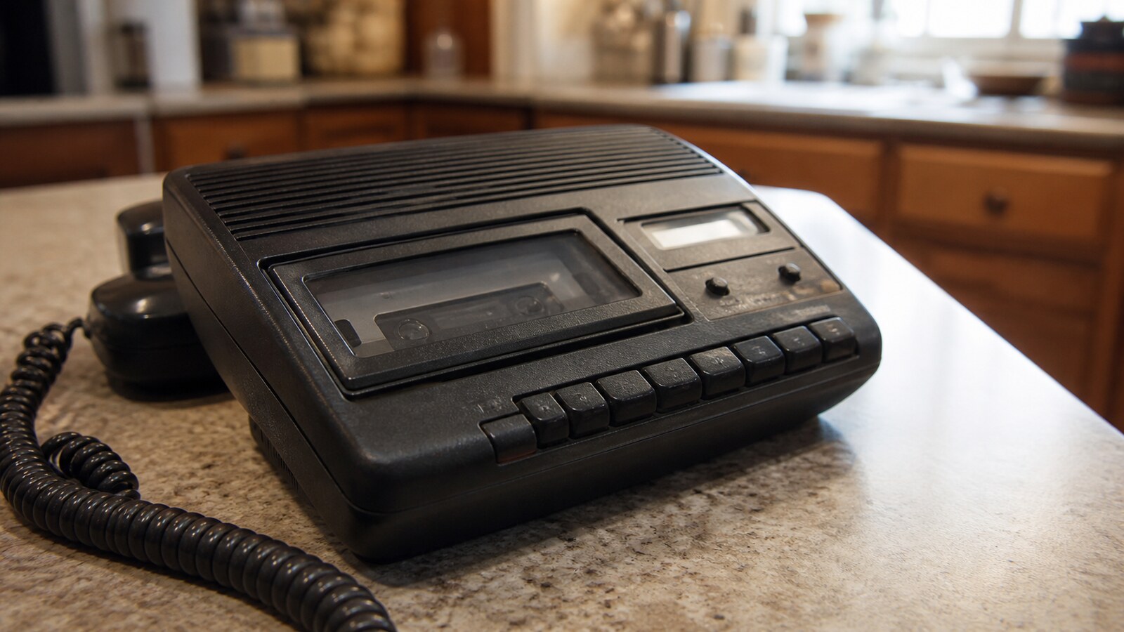 A black 1990s answering machine on a kitchen counter with worn buttons and no readable labels
