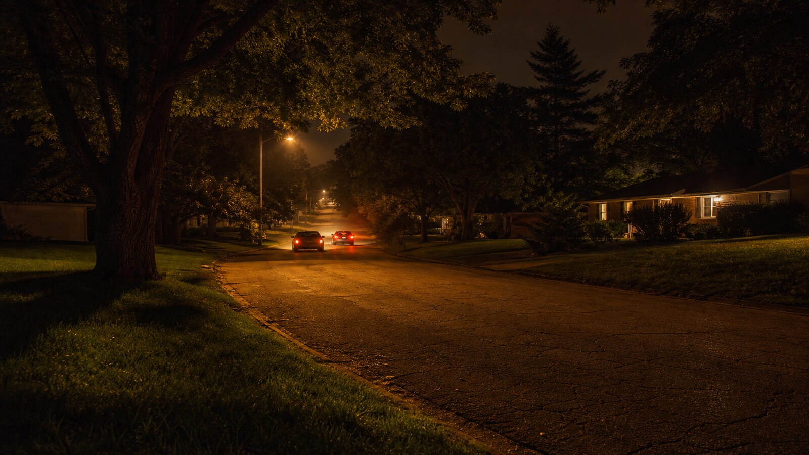 A quiet Springfield street at night with two early-1990s cars turning beneath streetlights