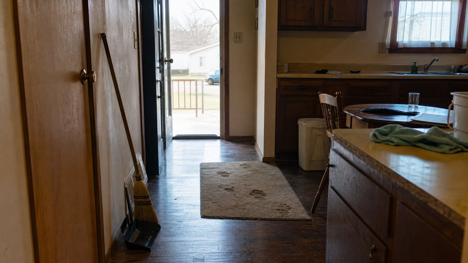A modest home entry and kitchen with a broom, cloth, and disturbed domestic calm