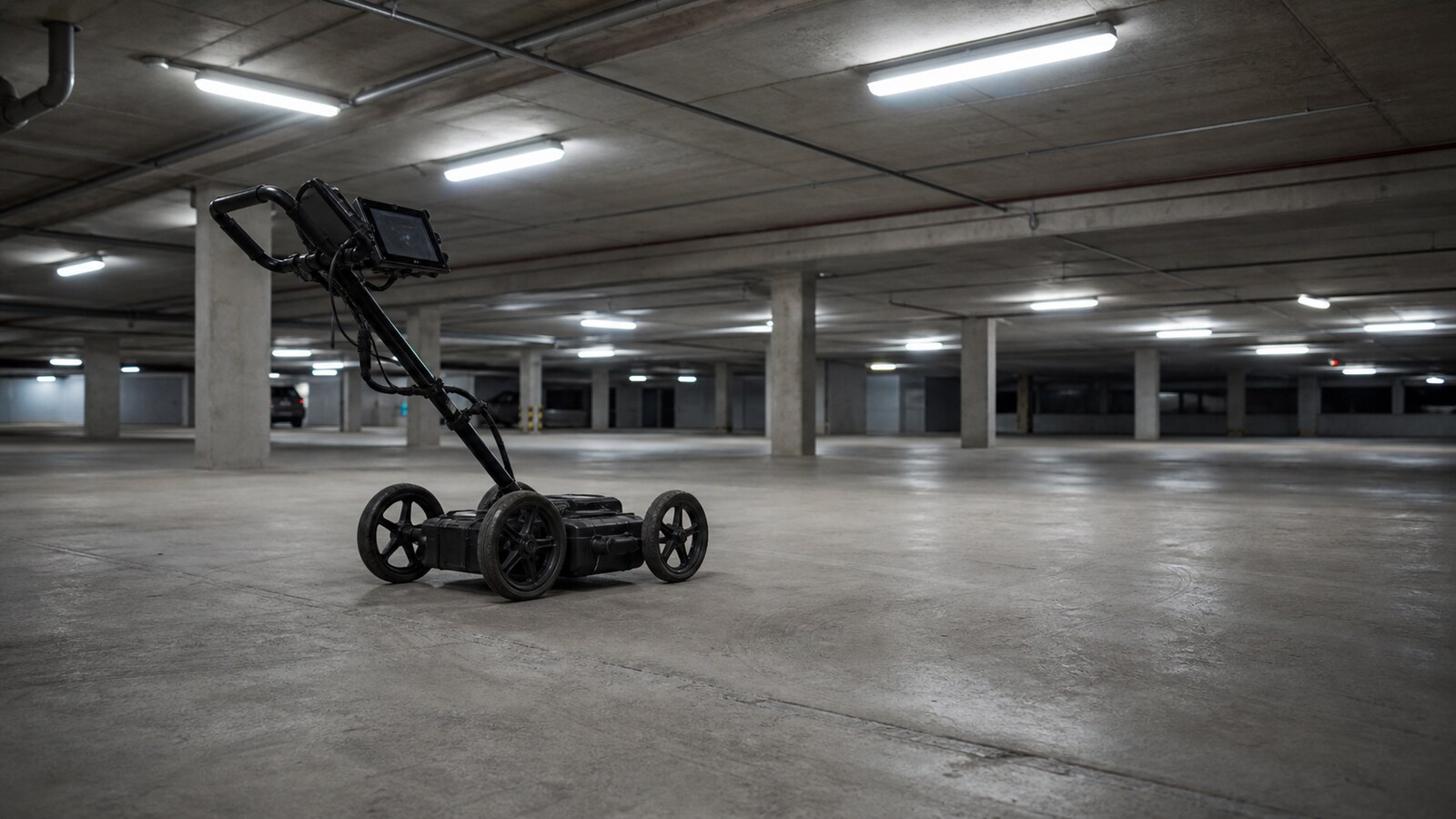 An empty concrete parking garage with a ground-penetrating radar unit under fluorescent lights
