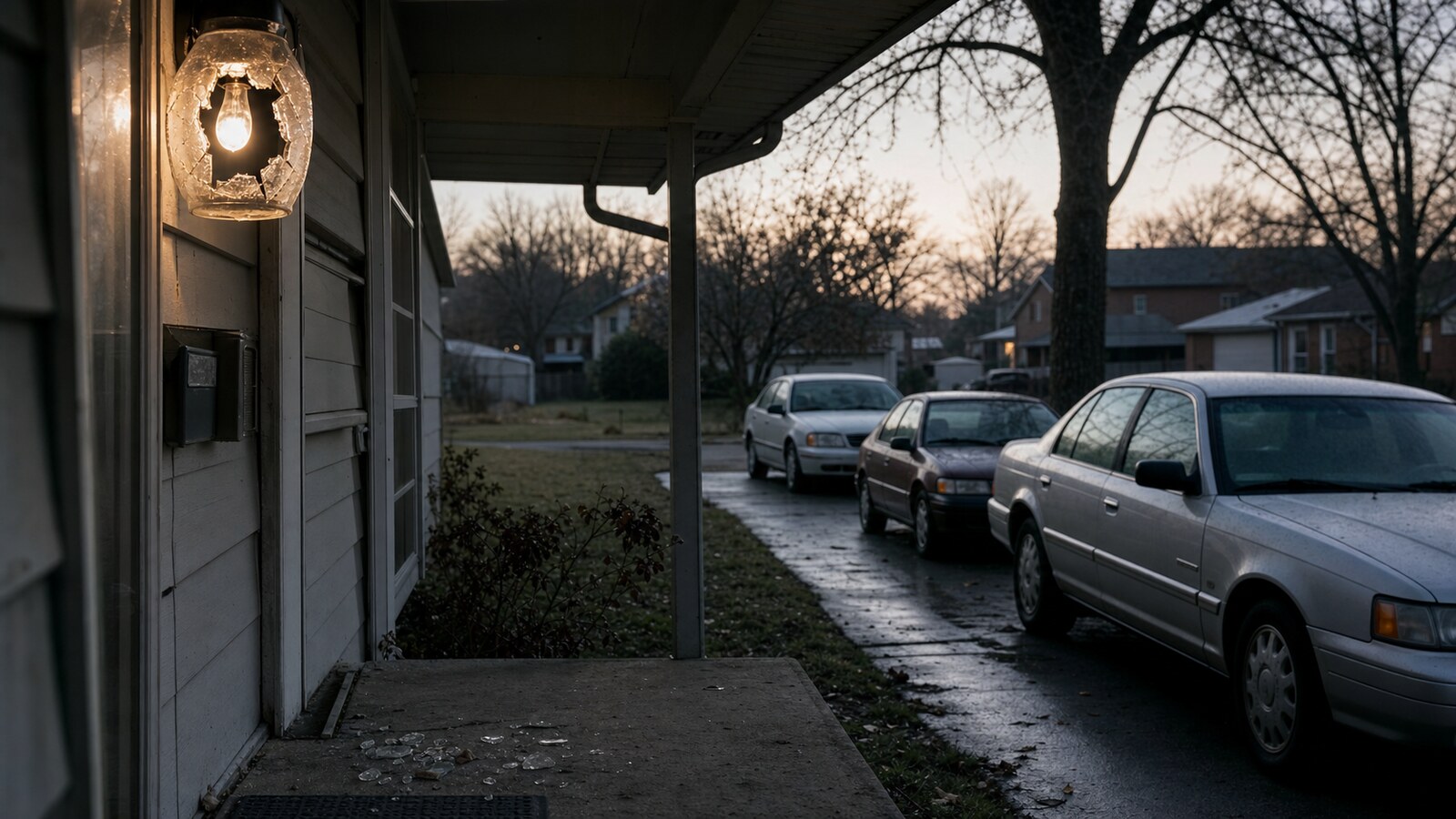 A modest Springfield porch at dawn with a broken light globe, lit bulb, and cars in the driveway