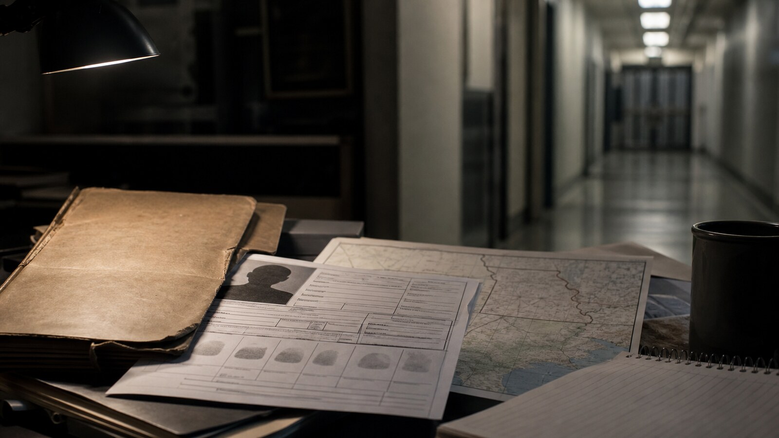 A dim investigative desk with a manila file, unreadable records, and a Missouri-to-Texas case-map atmosphere