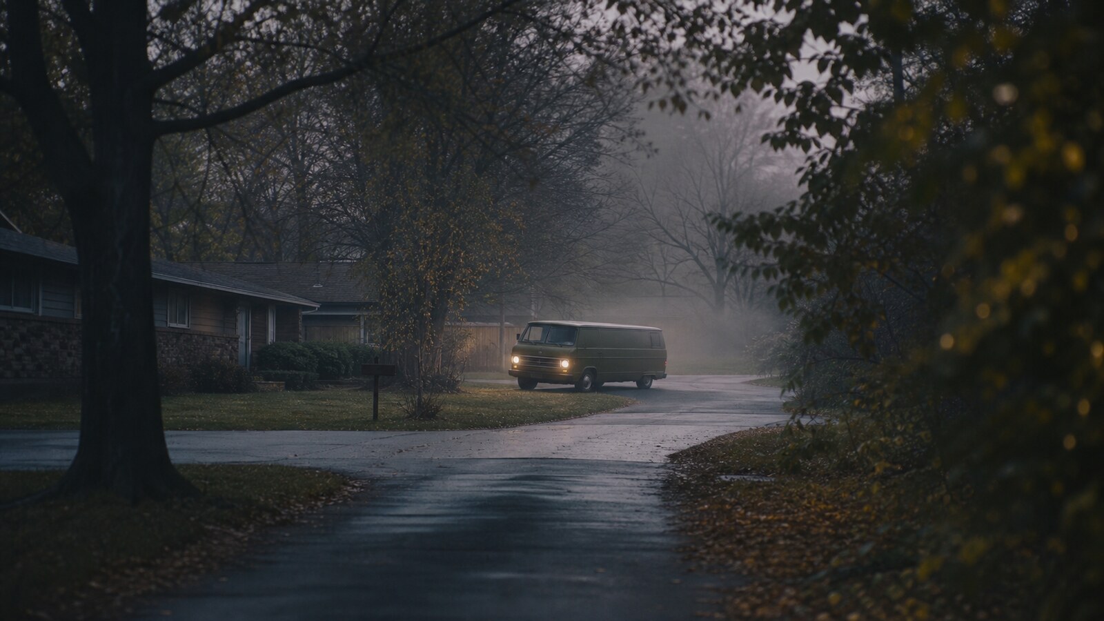 A distant older green-brown van moving through a misty Springfield-style neighborhood at dawn