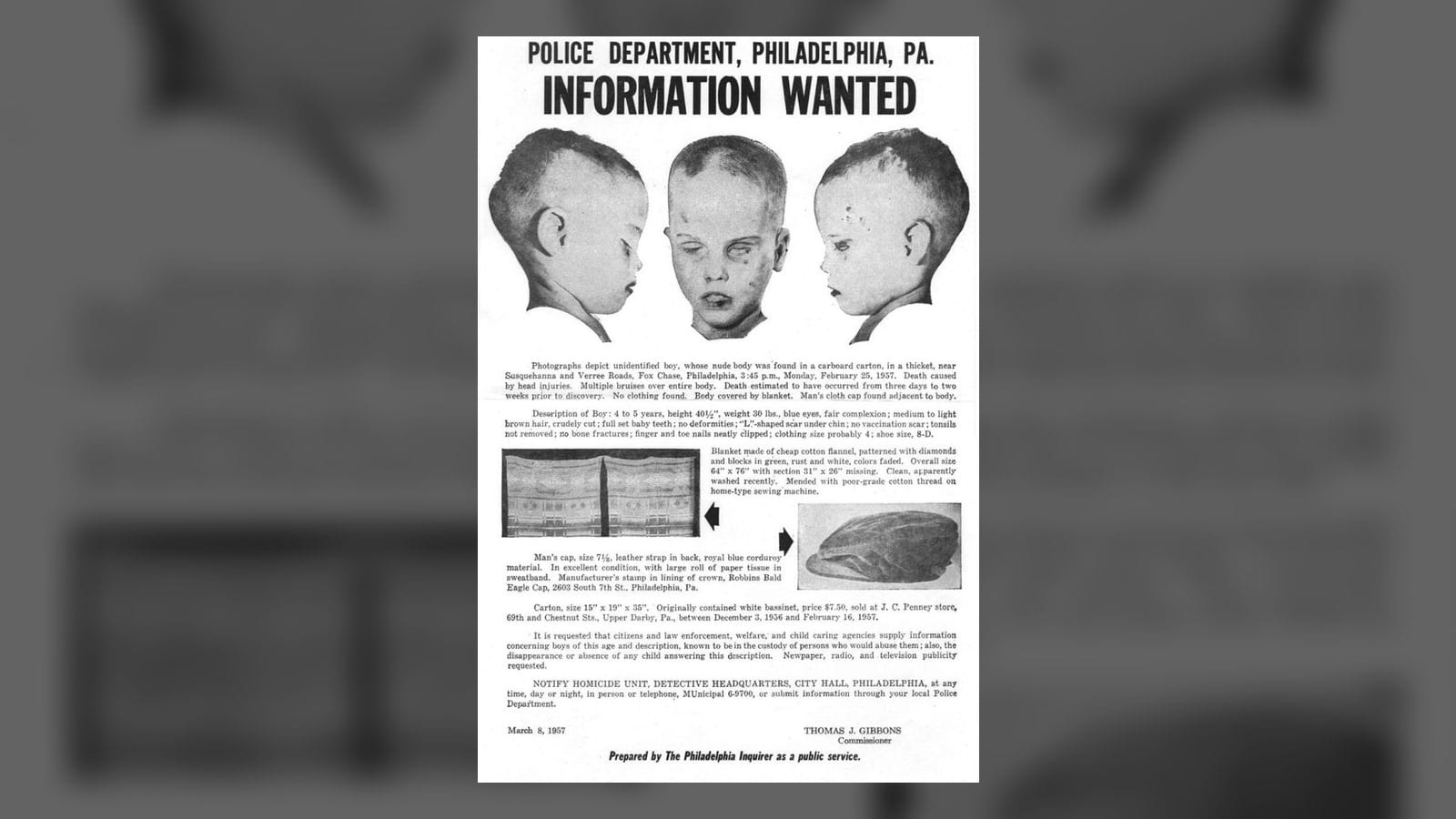 Philadelphia Police Department 1957 identification poster for Joseph Augustus Zarelli, the child once known as the Boy in the Box.