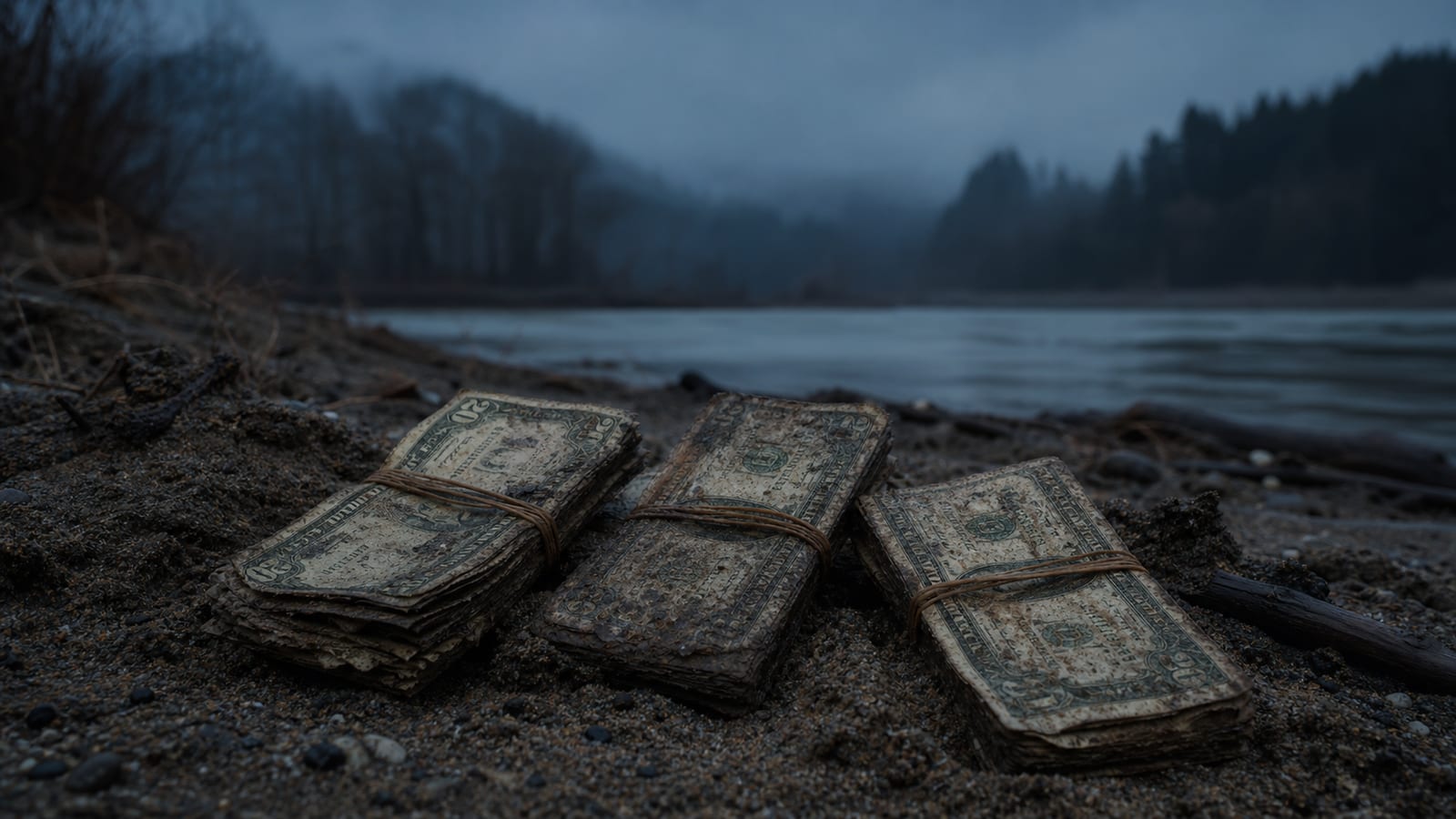 Weathered ransom-money bundles half-buried on a cold Columbia River sandbar, symbolizing the D.B. Cooper hijacking and the Tena Bar clue.