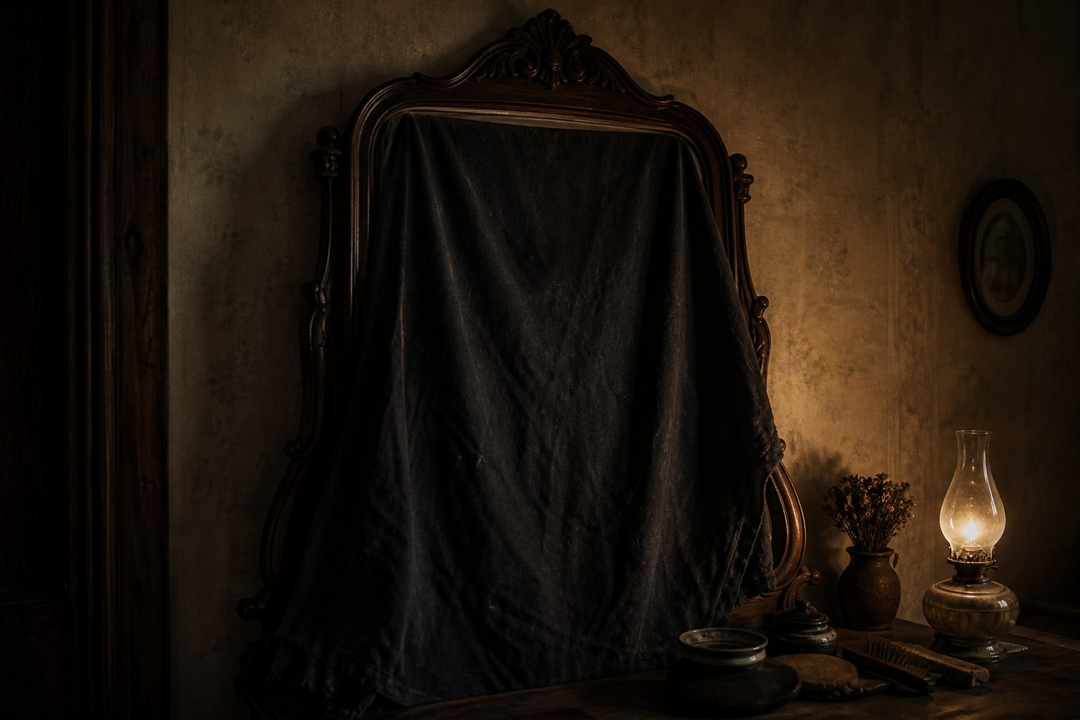 A draped Victorian mirror represents the covered reflective surfaces reported inside the Villisca murder house.