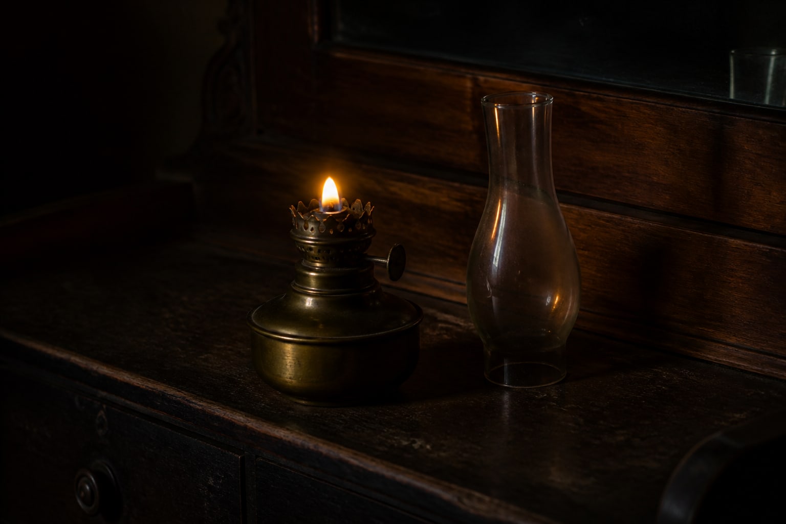 A low-burning kerosene lamp represents the dim light reported in the Villisca Axe Murders case accounts.
