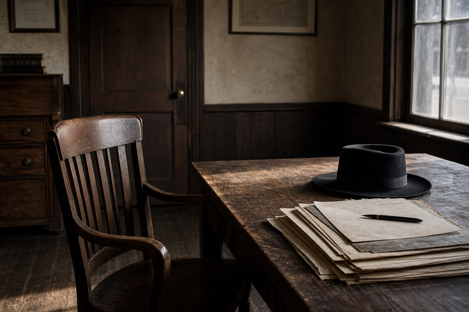 An empty early-1900s legal office represents Reverend George Kelly's confession and acquittal in the Villisca case.