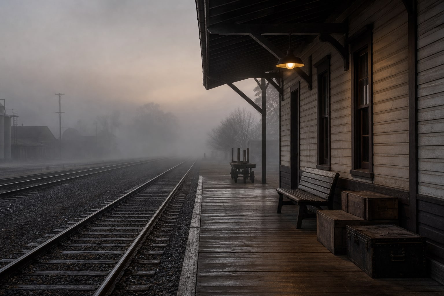 A foggy railroad depot represents the transient rail-line theory in the Villisca Axe Murders.