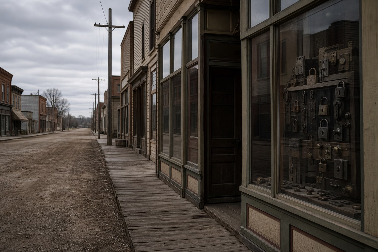 An empty 1910s Iowa main street represents the fear and suspicion that spread through Villisca after the murders.