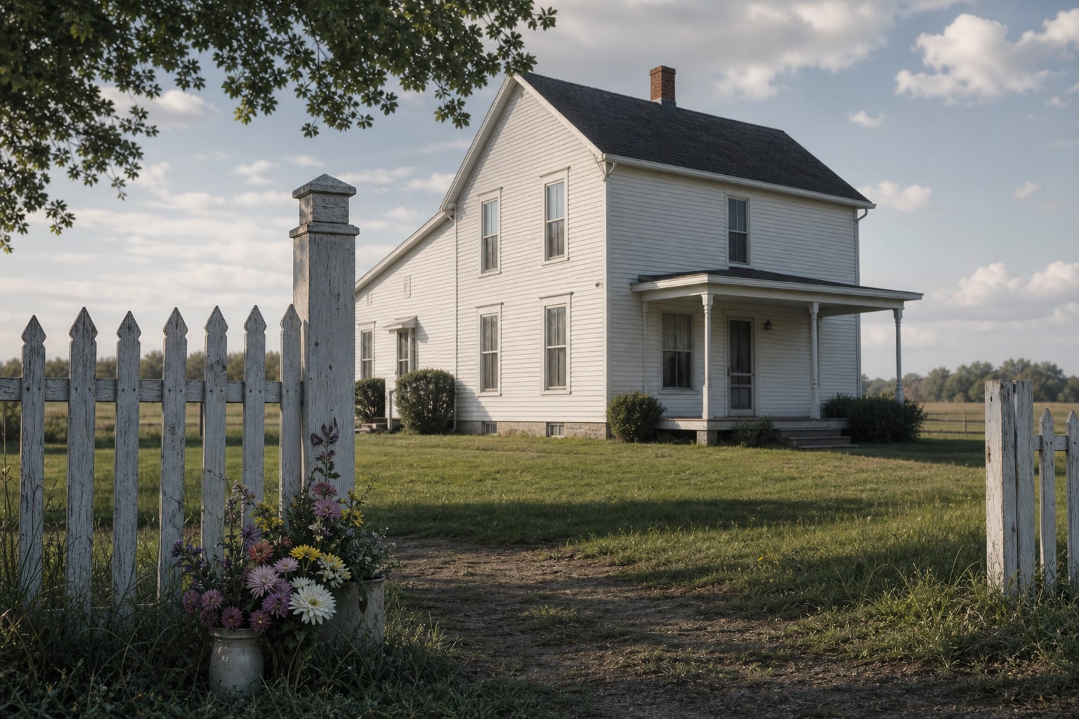 A restored white Iowa house behind a fence represents the modern legacy of the Villisca murder house.