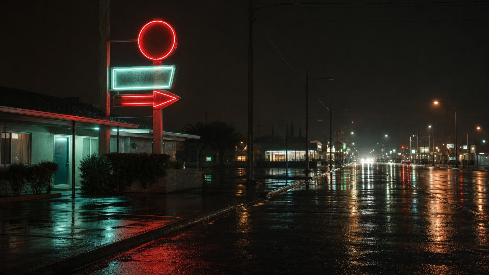 A rain-slick Albuquerque motel corridor at night, representing East Central Avenue context in the West Mesa murders.