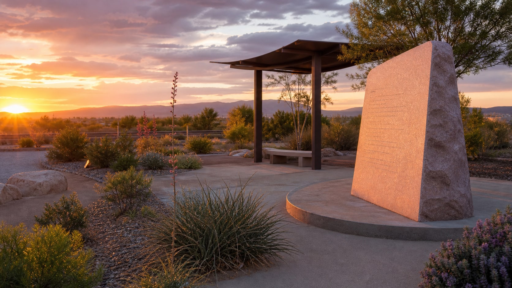 A quiet desert memorial park at sunset, representing Women's Memorial Park and remembrance for the West Mesa victims.