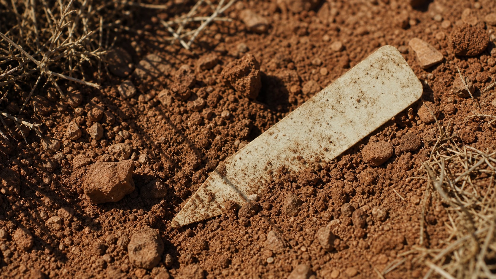 A blank weathered nursery plant tag half-buried in dry New Mexico dirt, representing a circumstantial lead in the West Mesa case.