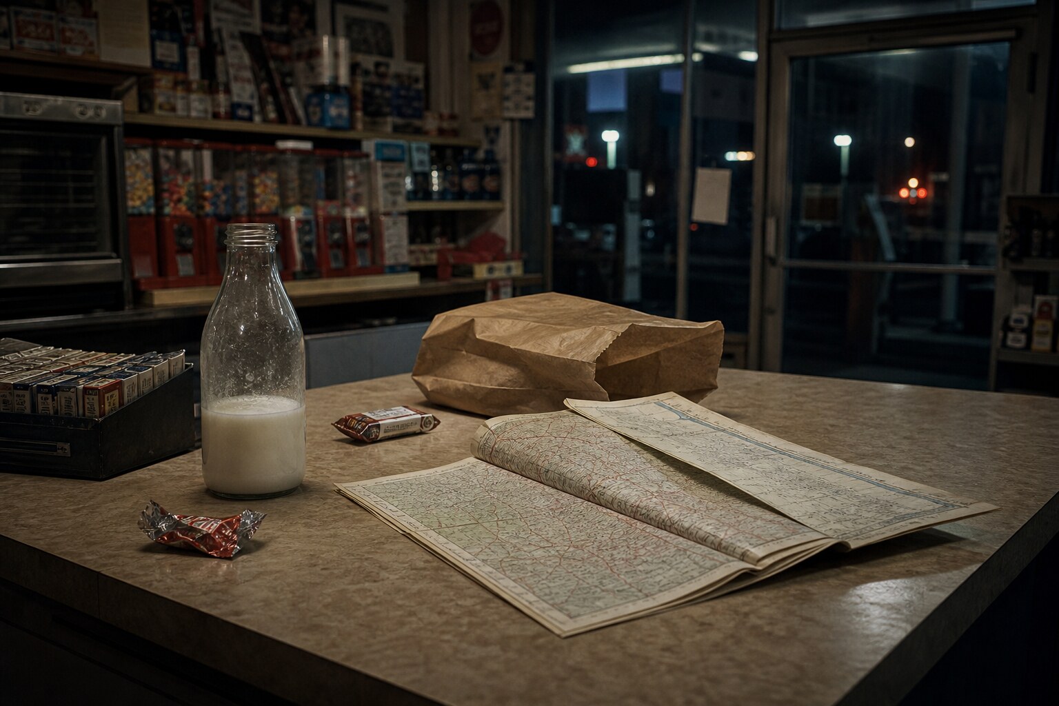 A 1970s convenience store counter with milk, a folded map, and candy wrappers evokes the Yuba County Five's last known stop.