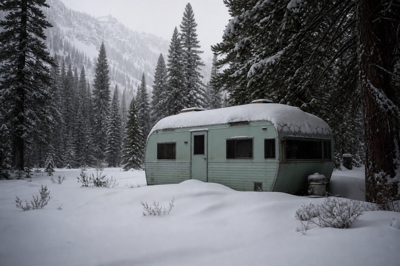 A snow-dusted Forest Service-style trailer among pine trees evokes the shelter found in the Yuba County Five case.