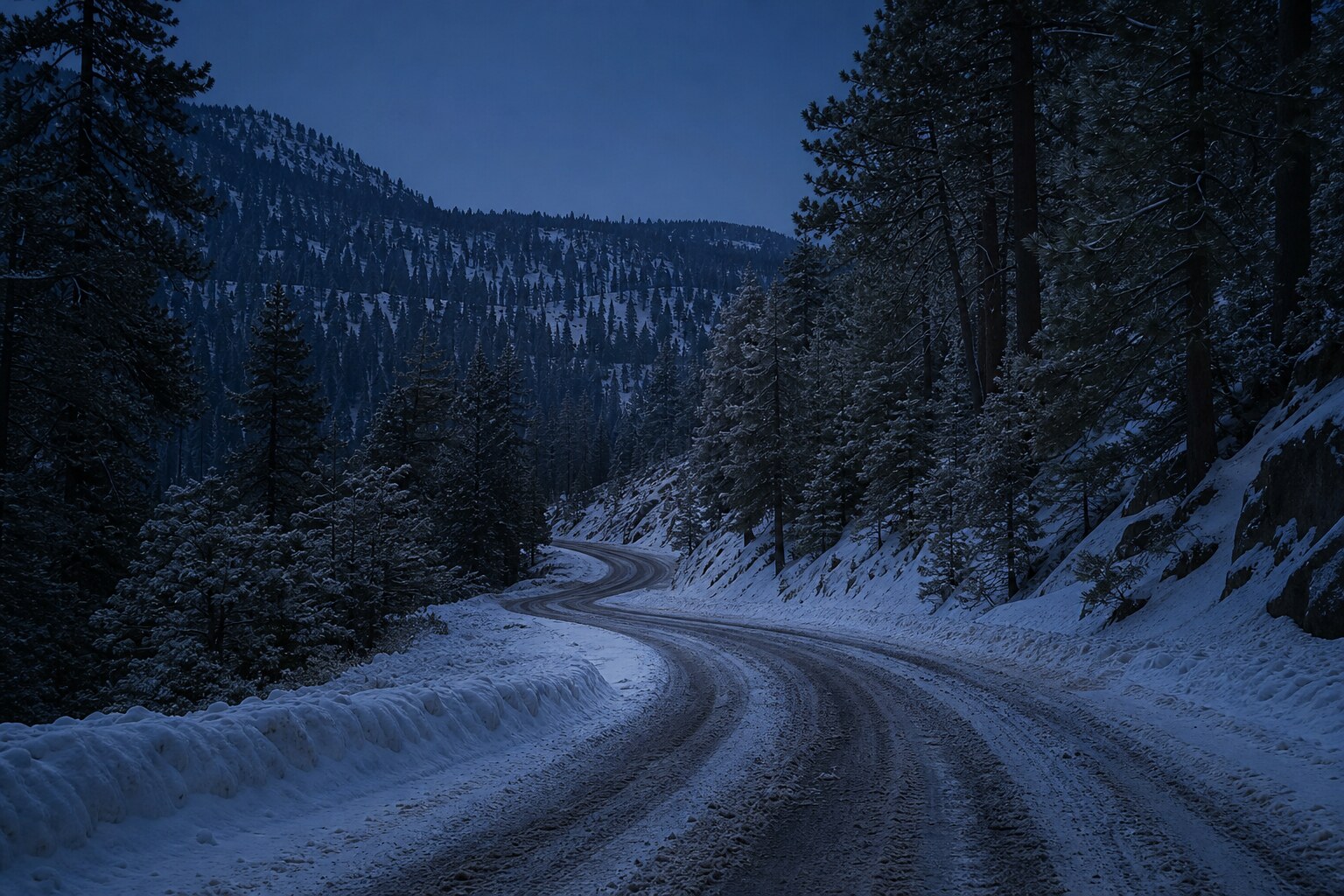 A remote snow-covered Sierra Nevada mountain road evokes the unexplained Plumas detour in the Yuba County Five case.