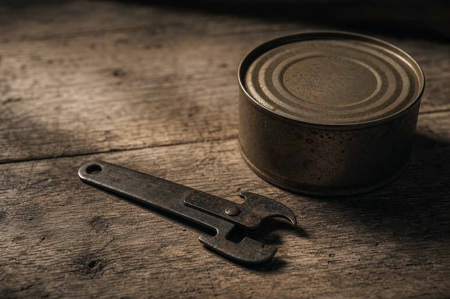 A small P38-style can opener beside a tin can evokes the unused survival supplies in the Yuba County Five case.