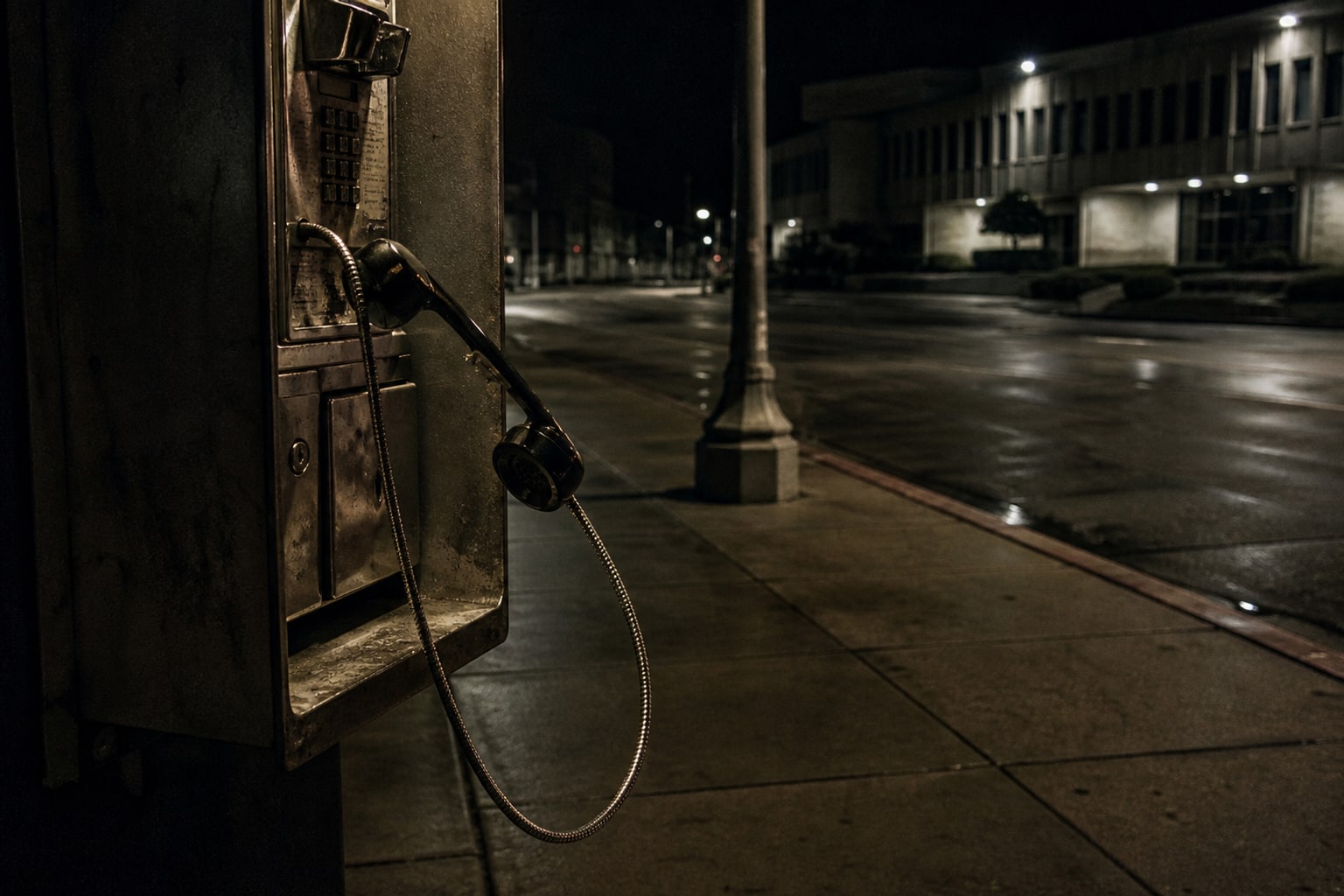 A weathered payphone hangs off the hook at night, representing the Zodiac Killer call after Blue Rock Springs.