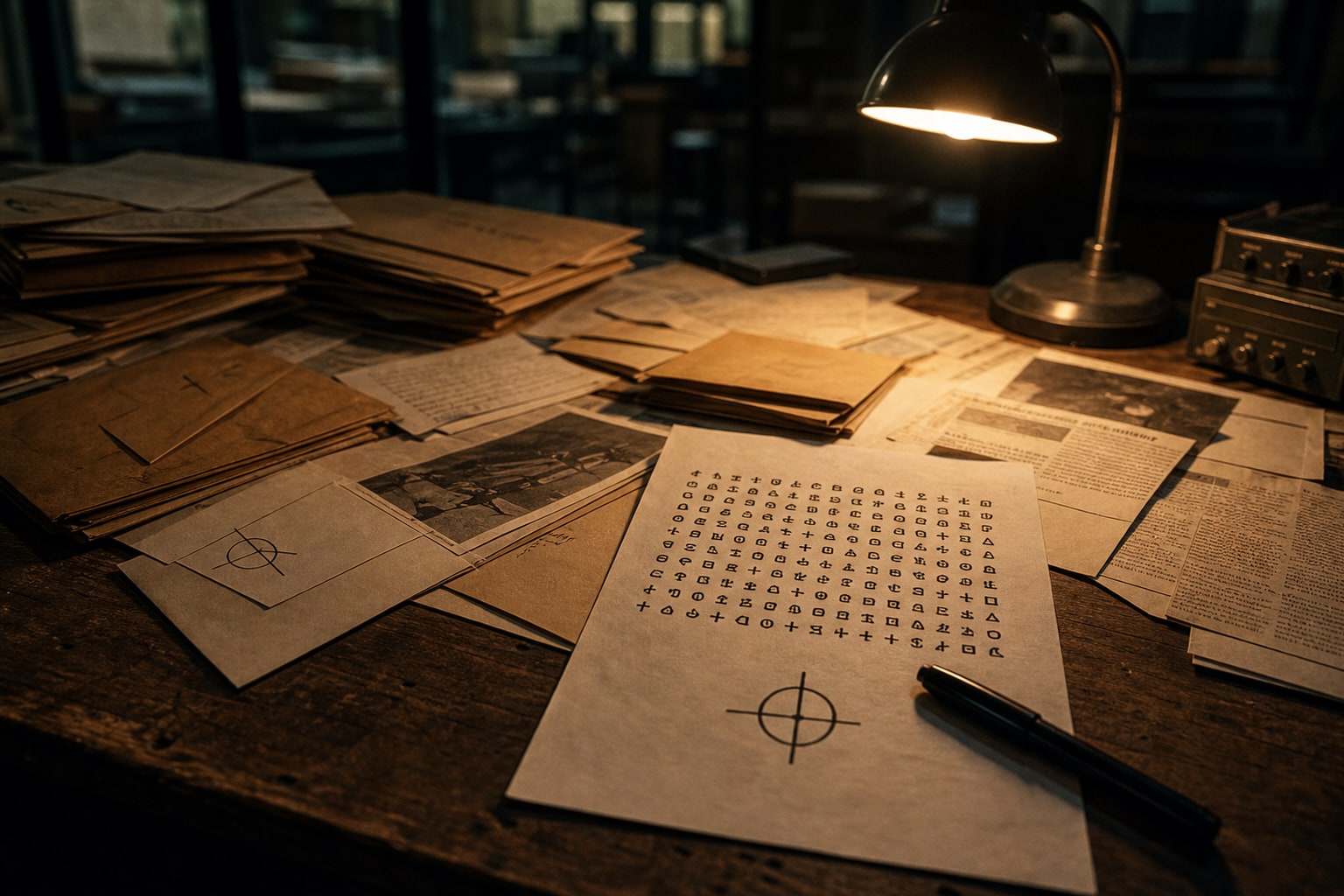 A late-1960s desk holds envelopes, clippings, and an abstract cipher page representing the Zodiac Killer letters.