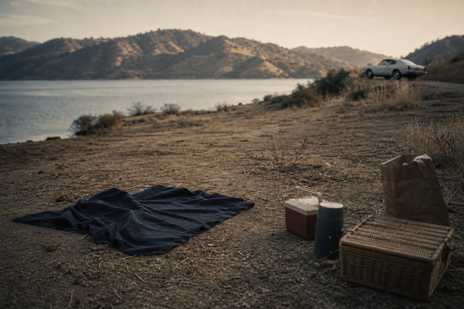 An empty Lake Berryessa shoreline with picnic items and a distant white coupe represents the Zodiac Killer attack there.