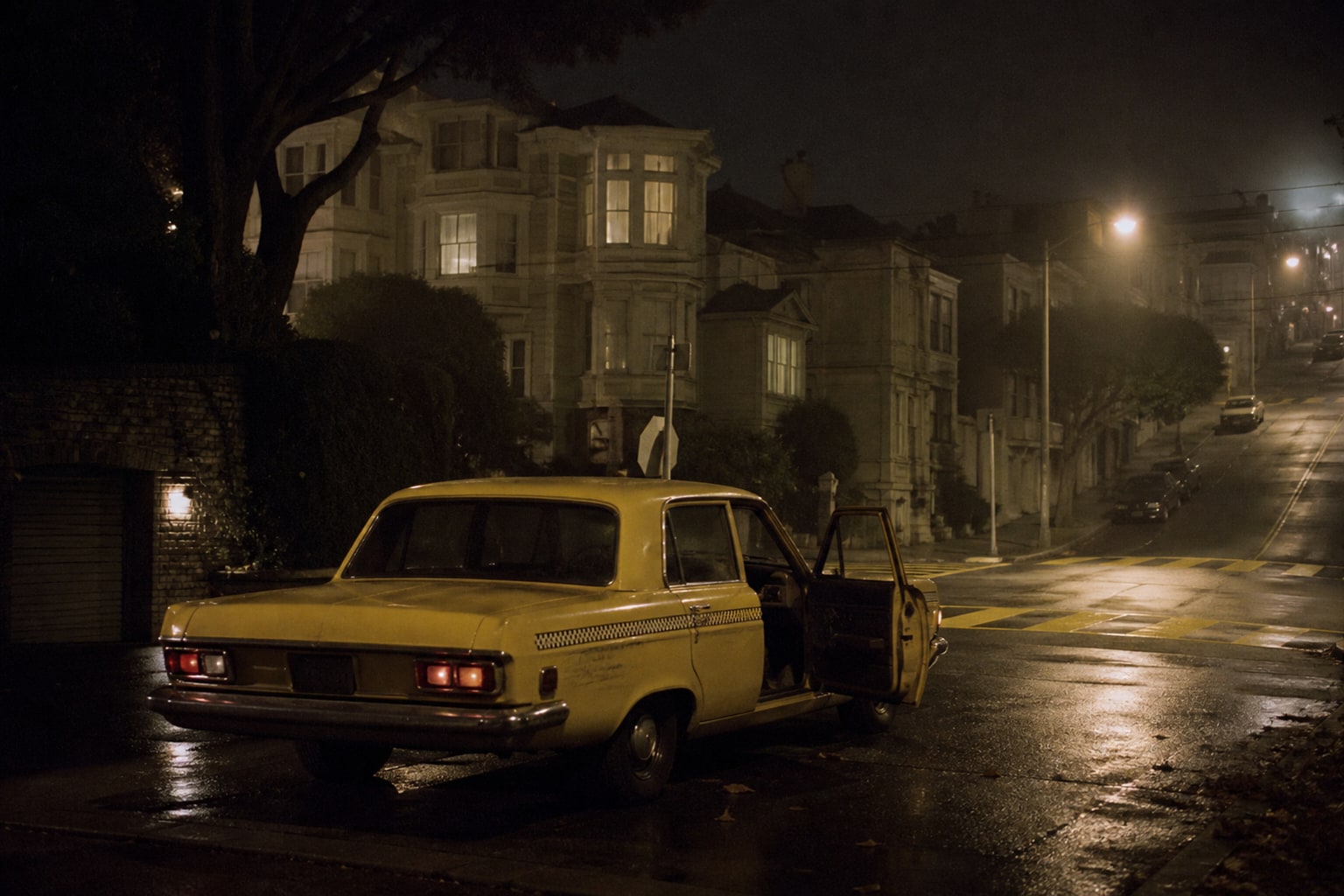 An empty late-1960s taxi sits on a foggy San Francisco street, representing the Paul Stine Zodiac Killer case.