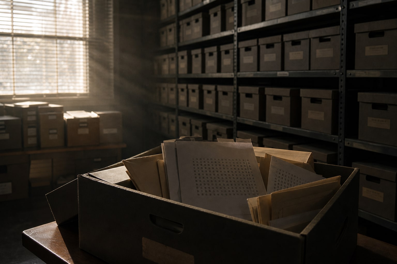 Old case boxes and unmarked envelopes in an archive room represent the unresolved legacy of the Zodiac Killer case.