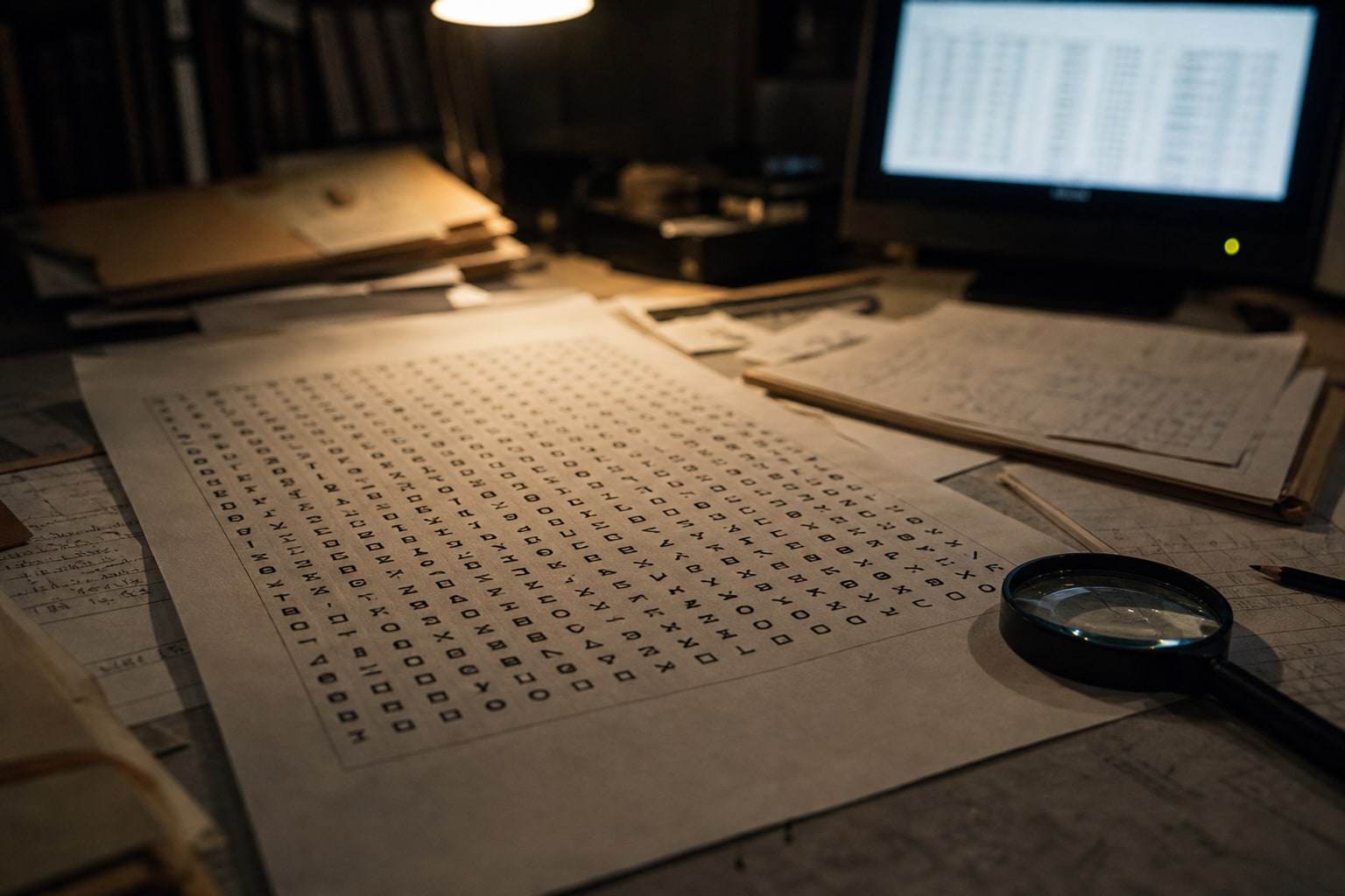 An abstract cipher grid rests beside a magnifying glass and computer glow, representing the Zodiac Killer Z340 cipher.