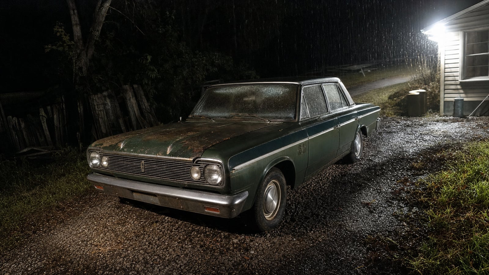 Documentary recreation of an aging dark green sedan in a rainy rural driveway, representing the green-car lead in the Asha Degree case.