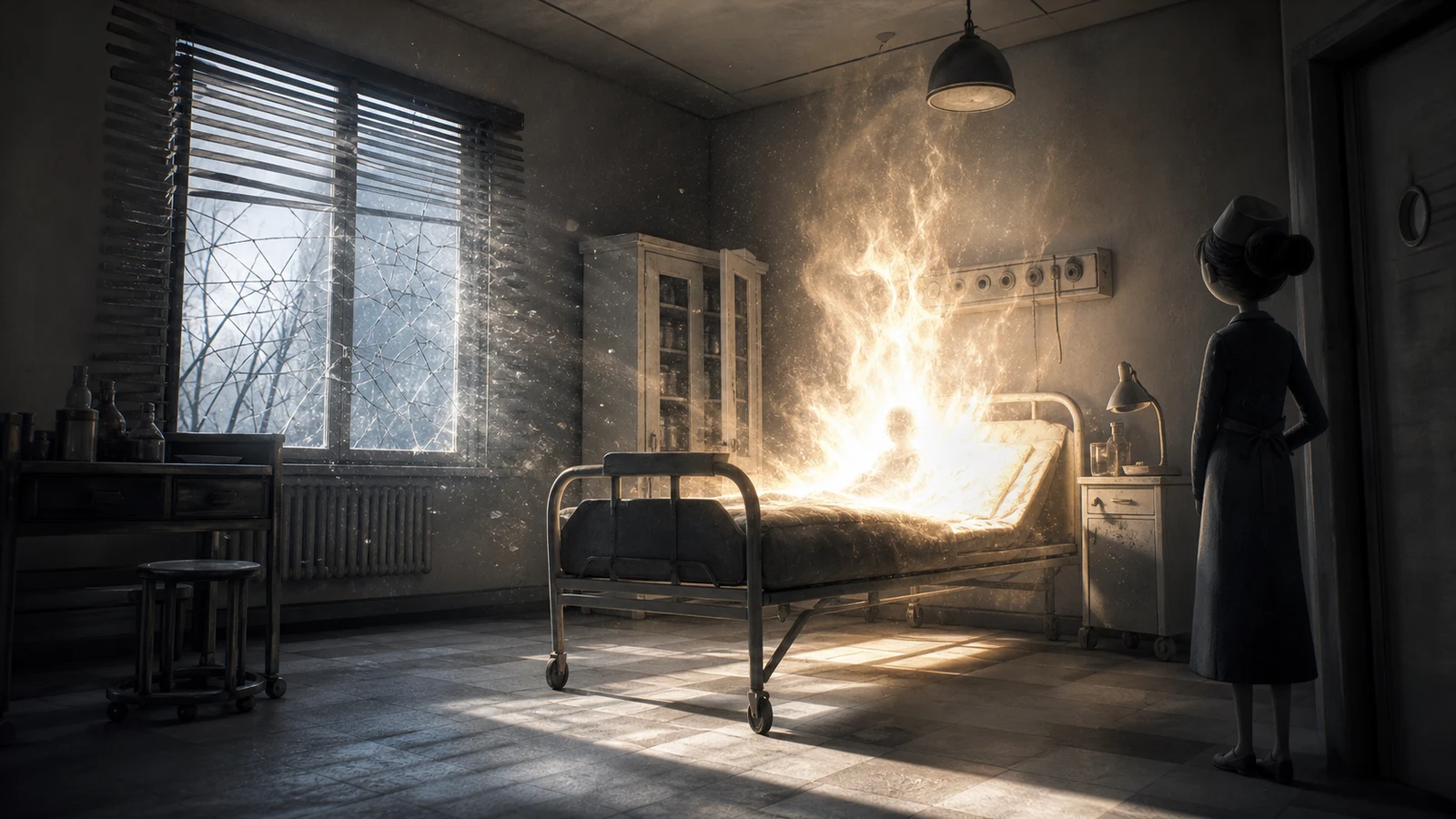 A sterile hospital room erupts with white-orange sunlight and fire during Virginia’s final act in Let the Right One In.