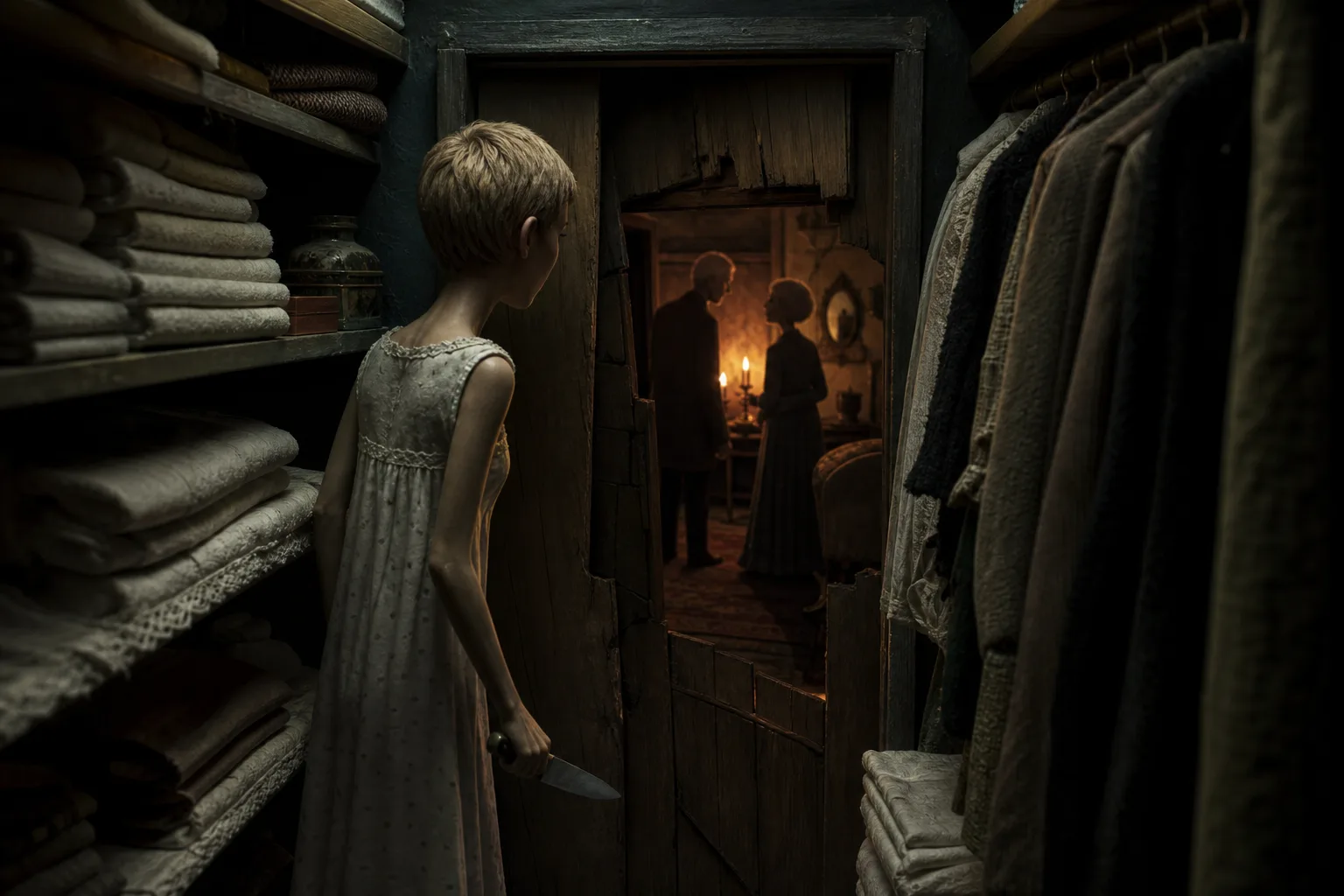 Rosemary Woodhouse stands with a kitchen knife inside the Bramford pass-through closet as two neighbor silhouettes wait beyond the broken panel.