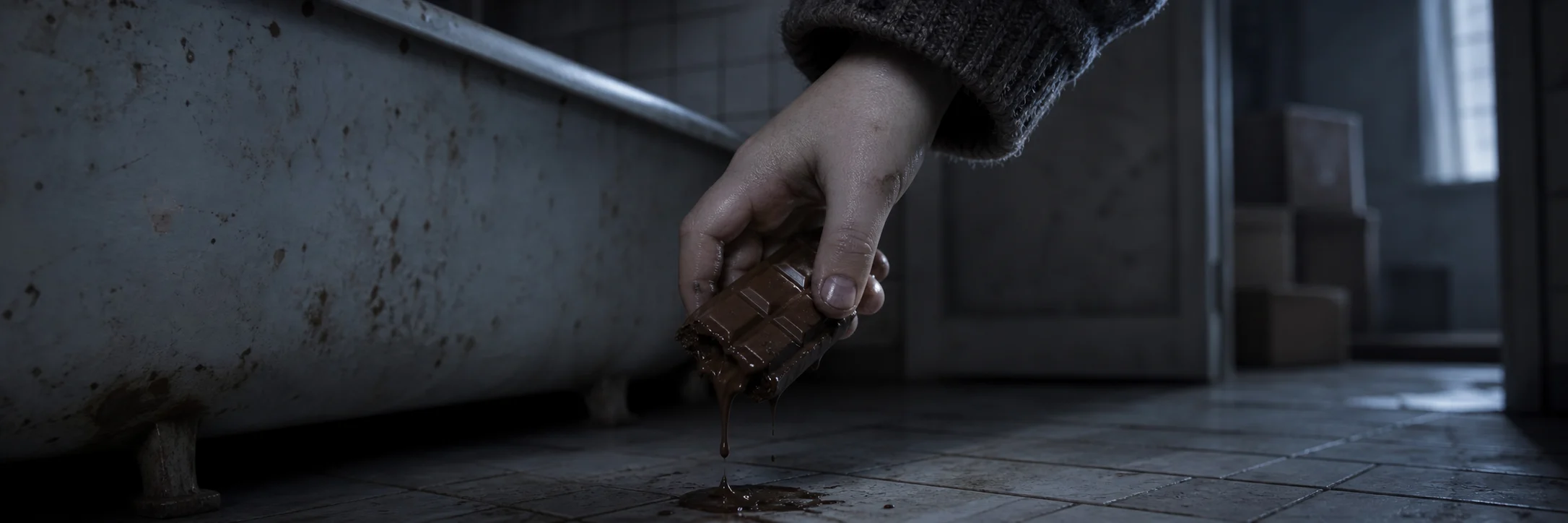A pale hand holds a melting chocolate candy bar beside a stained bathtub on cold bathroom tile.