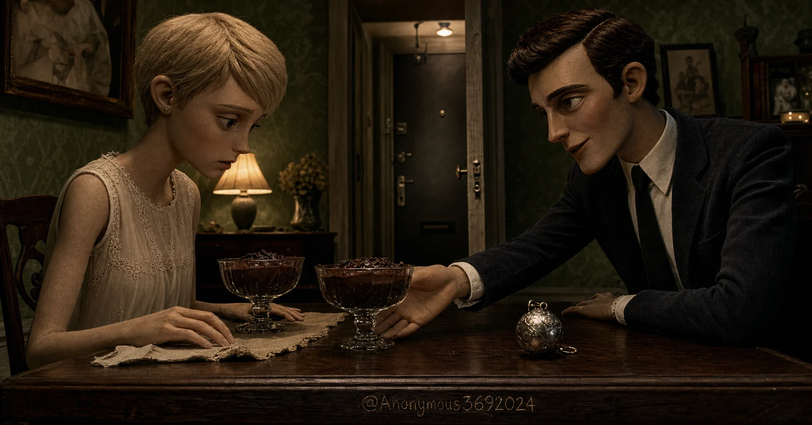 Guy Woodhouse pushes a bowl of chocolate mousse toward Rosemary Woodhouse at a Bramford dining table while a silver charm ball rests nearby.