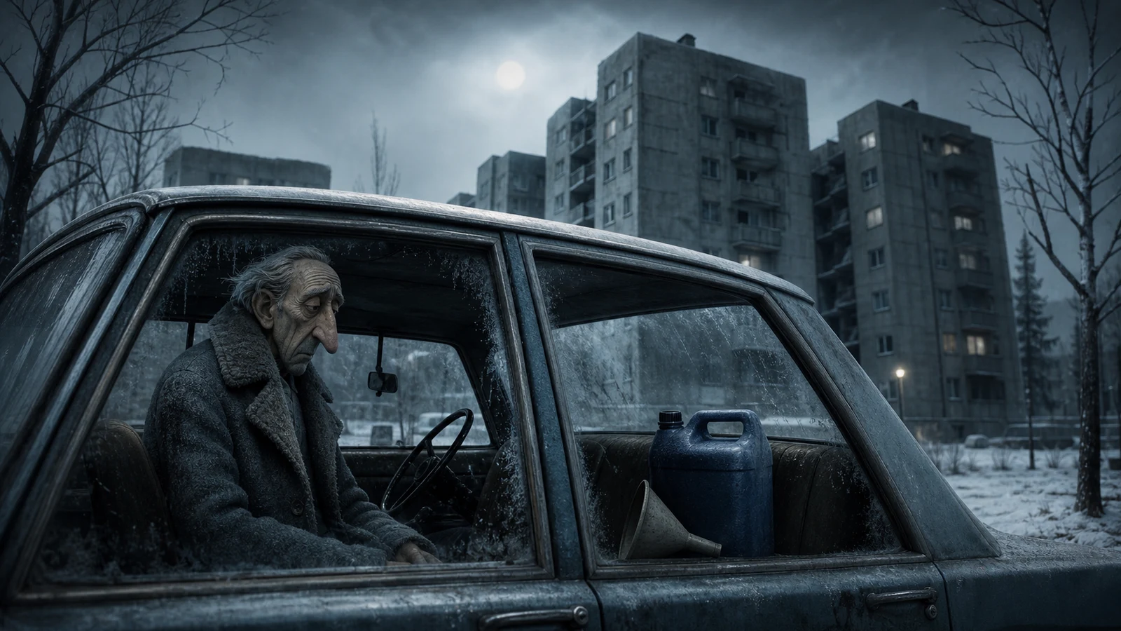 Håkan sits in a frozen 1980s sedan with a blue plastic acid canister as Blackeberg apartment blocks loom behind him.