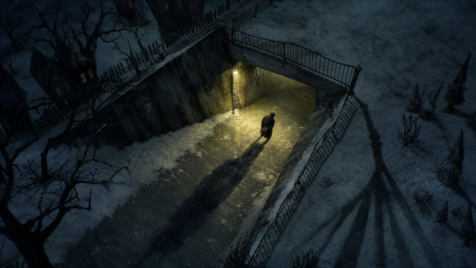 A lone figure casts a long shadow beneath a snowy concrete underpass in Blackeberg.