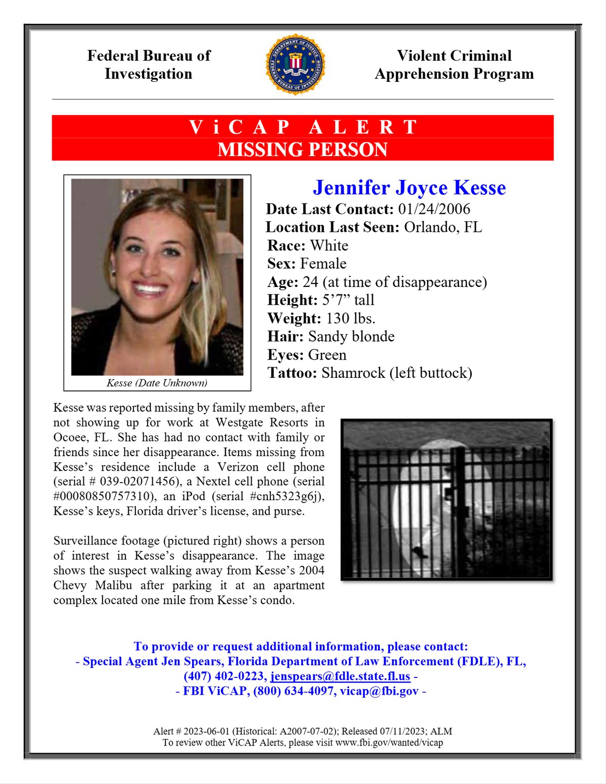 FBI ViCAP public missing-person alert for Jennifer Joyce Kesse with case details and surveillance image.