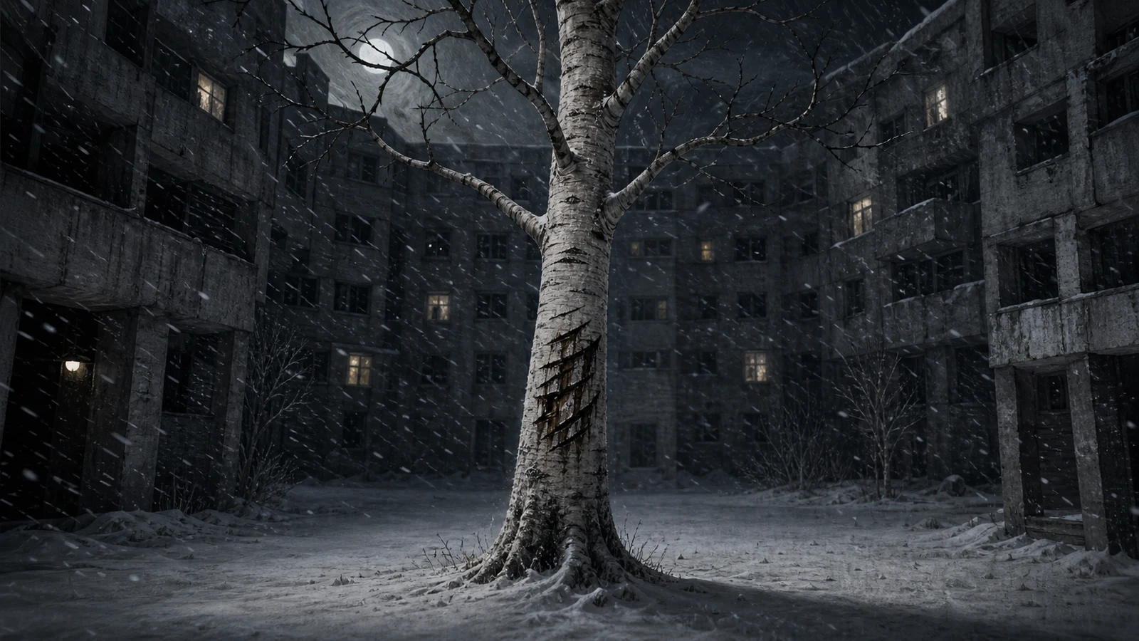 A scarred birch tree stands in a snowy brutalist apartment courtyard at night.