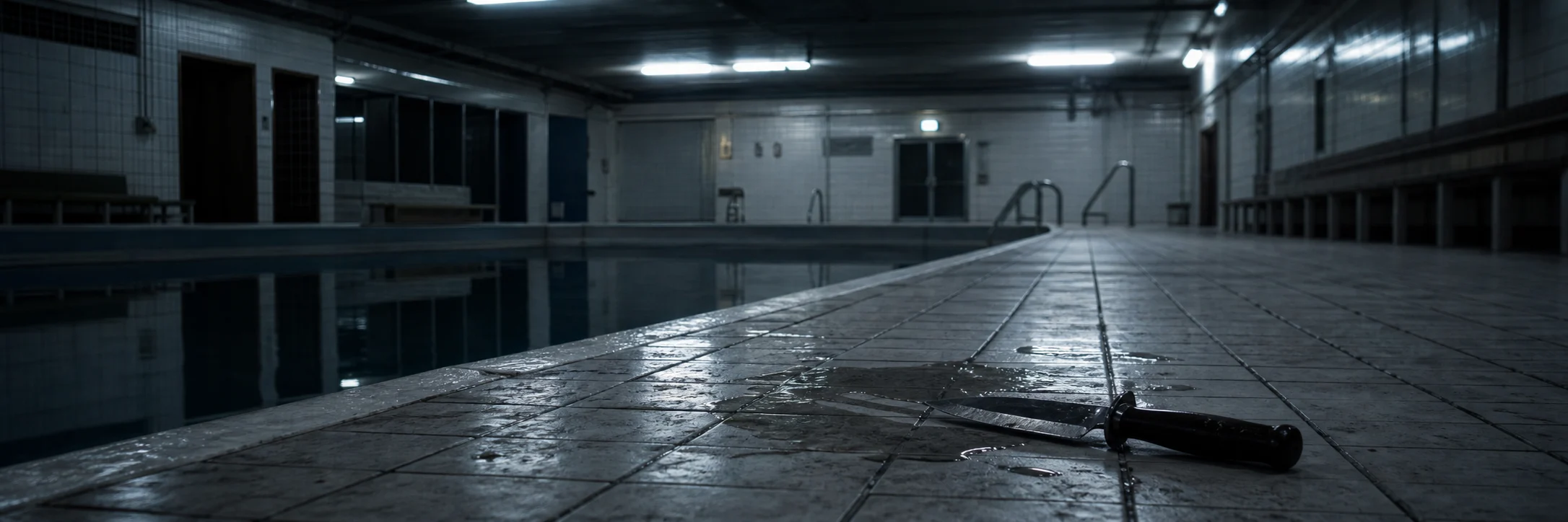 A hunting knife lies abandoned on wet white tile beside an empty indoor swimming pool at night.