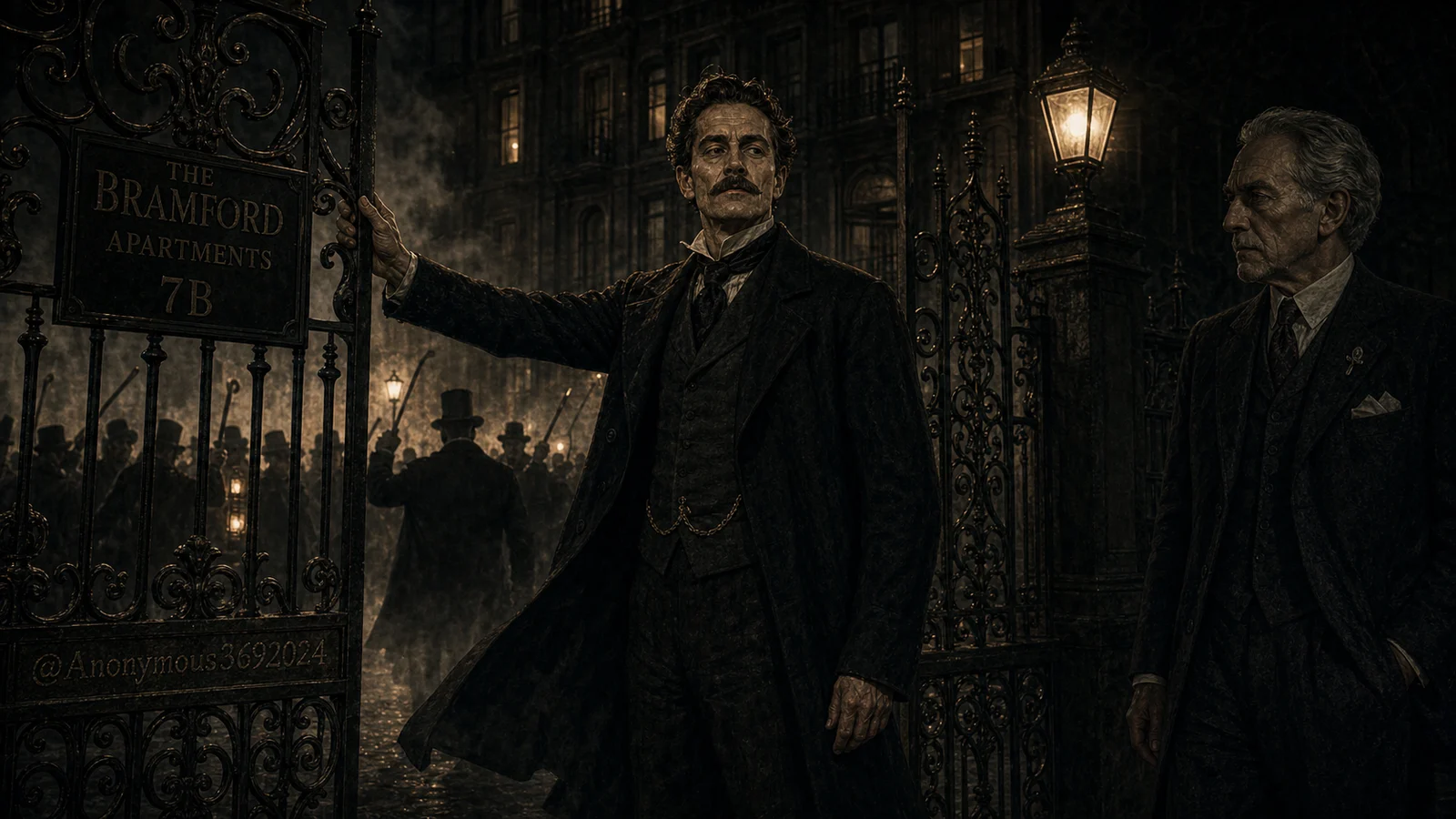 Adrian Marcato stands defiantly at the Bramford gates while Roman Castevet appears as a future echo of the bloodline.