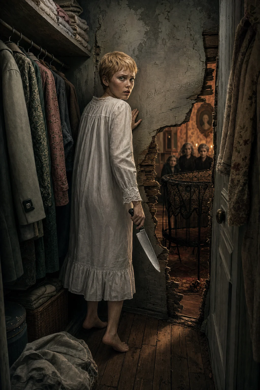 Rosemary Woodhouse steps through the hidden Bramford closet passage with a kitchen knife while the coven waits beyond the wall.