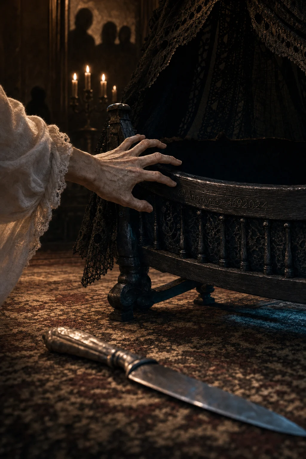 Rosemary Woodhouse reaches for the black bassinet while the abandoned kitchen knife lies on the parlor carpet.