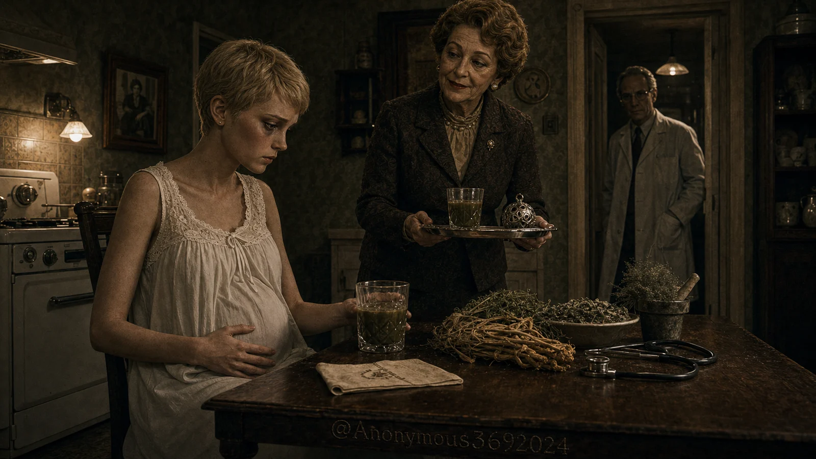 Minnie Castevet serves Rosemary Woodhouse a tannis-root drink while Dr. Abraham Sapirstein watches from the Bramford doorway.