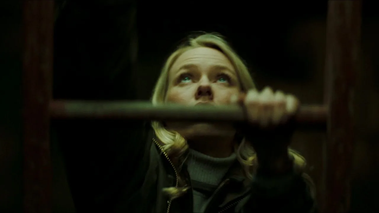 Rachel Keller looks upward from inside the hidden well beneath Cabin 12 in The Ring.